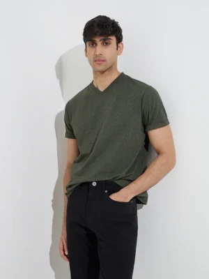 Men's Solid V-Neck Cotton Blend T-Shirt – Casual Half Sleeve