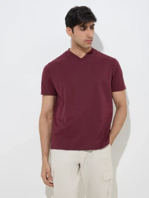 Men's Solid V-Neck Cotton Blend T-Shirt – Casual Half Sleeve